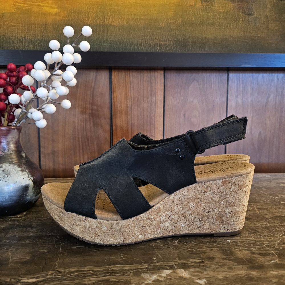 Clarks Black and Tan Wedge Sandals